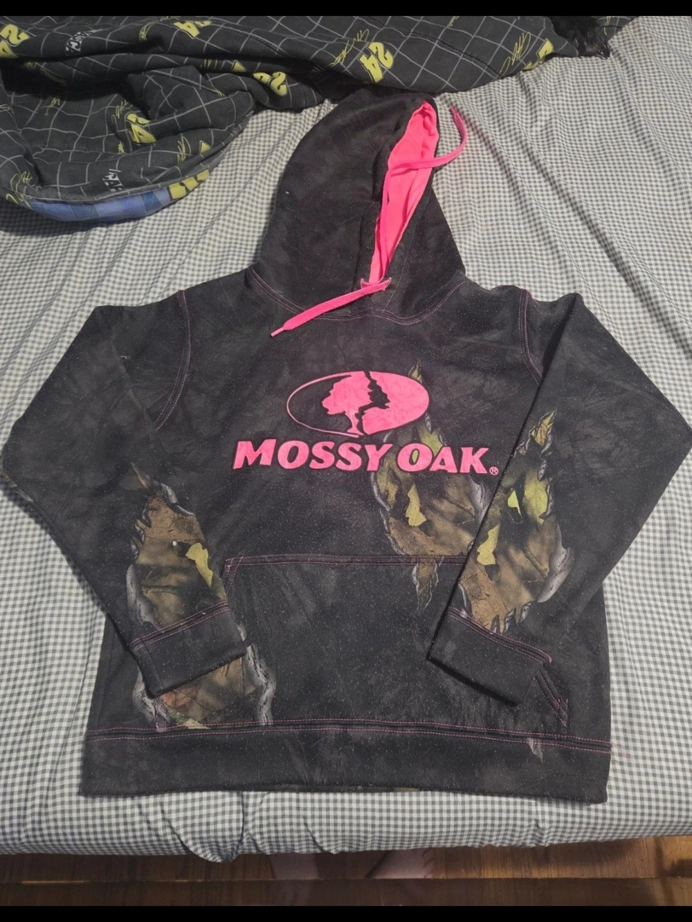 Mossy Oak Black Hoodie with Pink Logo and Camo Accents